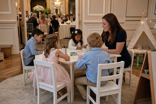Professional Babysitter Supervising Children Drawing During Formal Event