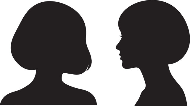 Female profile head silhouette vector graphic illustration showing two stylized human faces facing each other in a clean minimalist design style