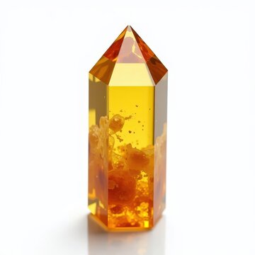 Polished citrine point upright with natural inclusions, warm golden yellow crystal on white background for healing and decor