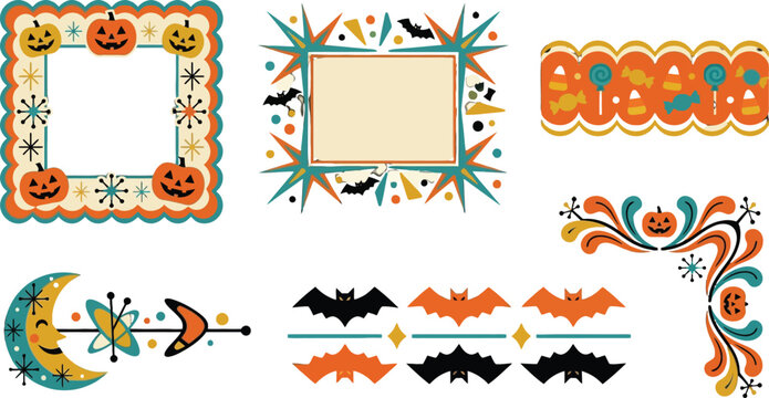 Mid-century modern Halloween vector frames and borders. Retro 1950s atomic style holiday elements. Vintage orange and teal spooky graphics.