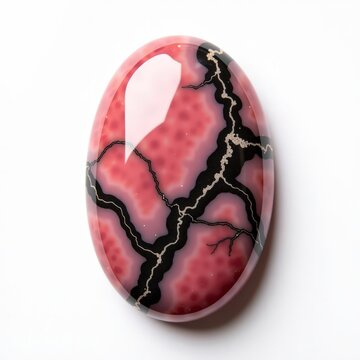 Polished rhodonite palm stone with pink and black veining oval gemstone on white background