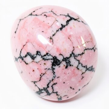Polished rhodonite palm stone with pink and black veining, oval shape gemstone on clean white background for crystal healing and decor
