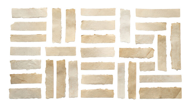 Vintage ripped paper strips, antique torn paper fragments collection, aged brown paper texture elements isolated on Transparent Background