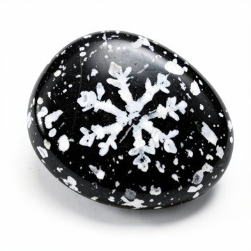 Polished snowflake obsidian stone with white splotchy patches on smooth black surface isolated on white background
