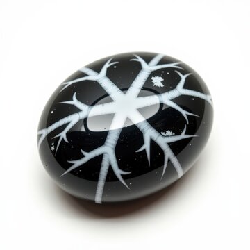 Polished snowflake obsidian stone with white splotchy patterns on smooth black surface isolated on white background
