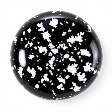Smoothly polished snowflake obsidian stone with black base and white splotchy patches on white background gemstone