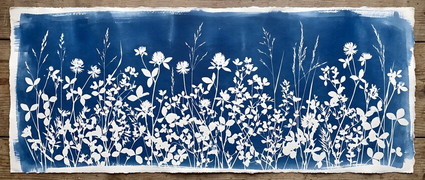 Wide Panoramic Cyanotype Print of Dense Wildflower Meadow Silhouettes