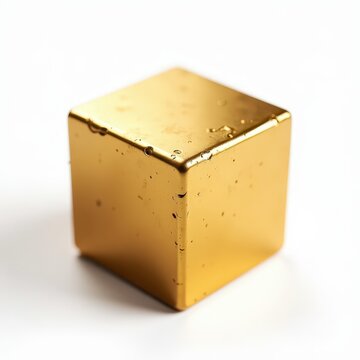Perfect metallic pyrite cube with bright gold color on clean white background, geometric mineral formation, modern minimal aesthetic
