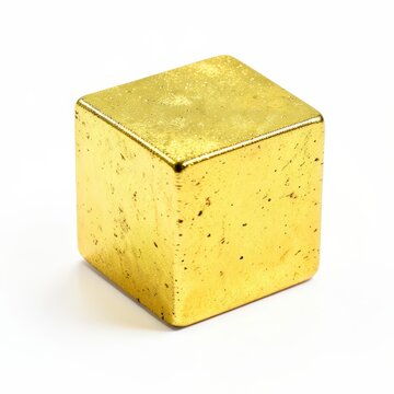 Bright metallic gold pyrite cube with perfect geometric shape on clean white background