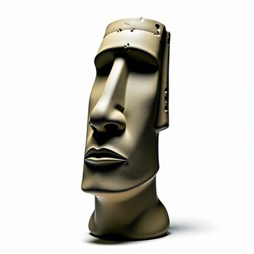 Basalt moaiinspired head statue with elongated facial features and chiseling marks on white background