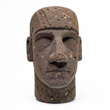Basalt moaiinspired head statue with elongated facial features and rough chiseling marks on white background