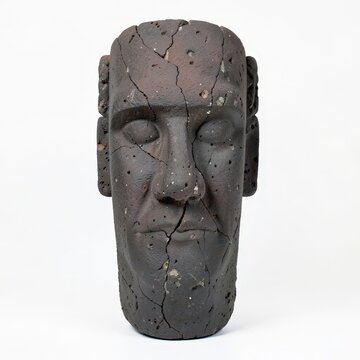 Basalt moaiinspired head statue with elongated features and rough chiseling marks on white background