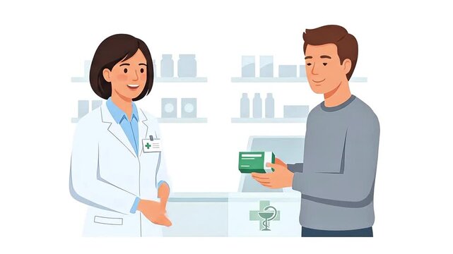Female pharmacist handing medication box to male customer at pharmacy counter 2D animation