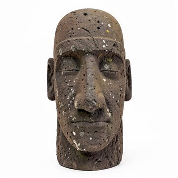 Basalt moaiinspired head statue with elongated facial features and rough chiseling marks on white background