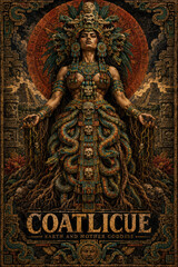 Obraz premium Coatlicue Aztec Earth and Mother Goddess with Serpents and Skull Symbolism