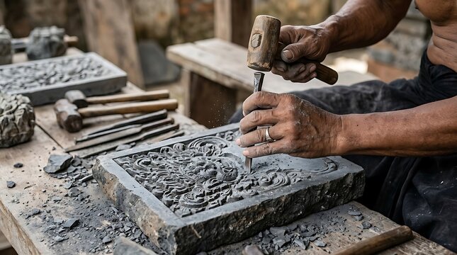 Artisan hands carving traditional stone patterns with hammer and chisel