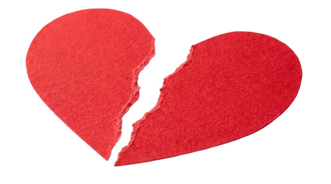 Broken heart, red paper cutout symbolizing heartbreak, emotional pain, and relationship breakup concepts isolated on Transparent Background