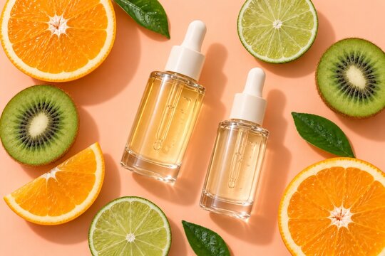 Vitamin serum bottles with orange lime and kiwi slices