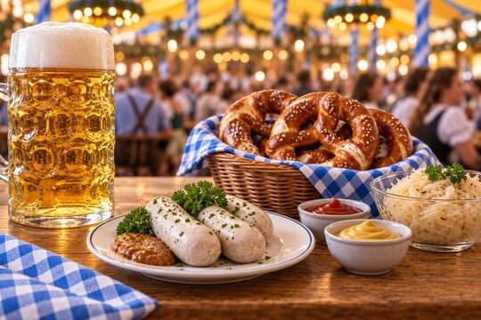 German beer with white sausages pretzels and sauerkraut