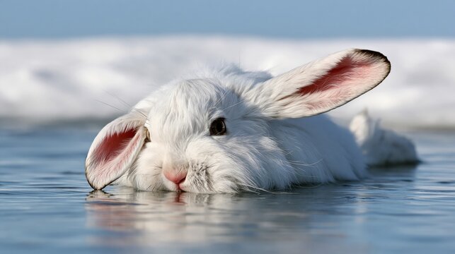 Fluffy white arctic hare comically sliding across smooth frozen pond on its belly, ears flopping back, snowbank, bright blue sky, copy space