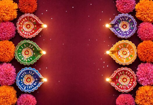 Colorful Diwali lamps and marigold flowers on red background