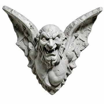 Handchiseled limestone gargoyle with exaggerated facial expression and detailed wings isolated on white background