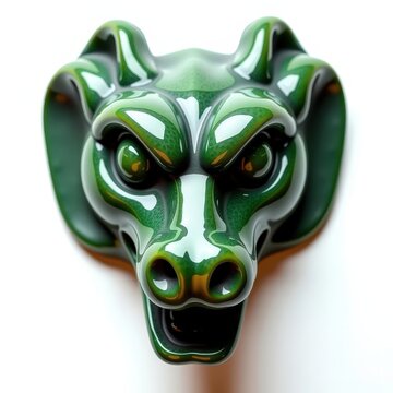 Green serpentine dance mask with pronounced eyes and mouth, intricately carved details on white background