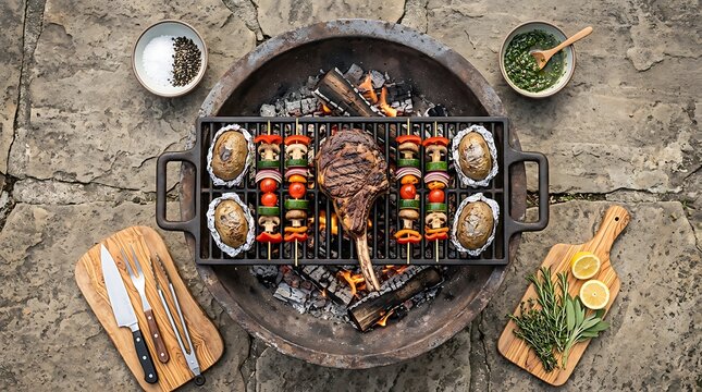 Large tomahawk steak and vegetable skewers grilling on a fire pit