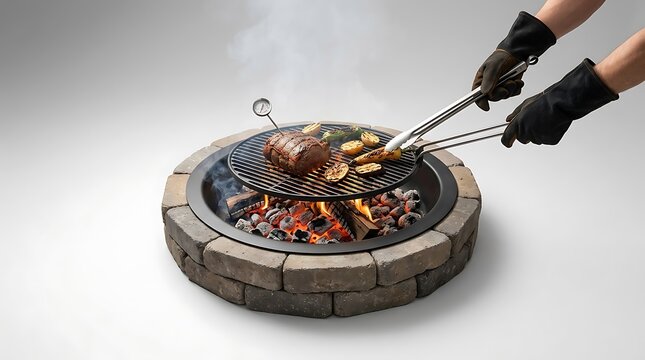 Person grilling meat over a circular stone fire pit with tongs