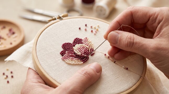 Close-up of artisan hands creating a delicate floral bead embroidery design on fabric using tiny beads and needle, showcasing handmade textile art and craftsmanship