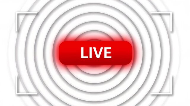 Live streaming red button icon, glowing broadcast signal animation, digital media transmission on white background