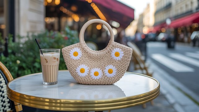 Stylish woven straw handbag with daisy flower embroidery on a cafe table with iced coffee in Paris