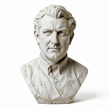 Chiseled stone bust of generic poet on white background, classic sculpture with detailed features, literary art, timeless artistic expression