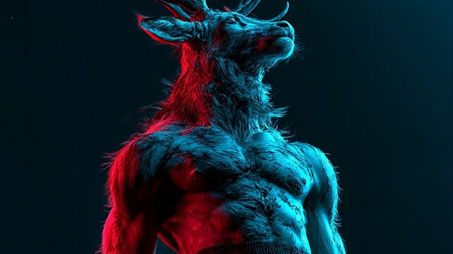 Powerful Anthropomorphic Deer Creature with Muscular Body in Red and Blue Neon Lighting