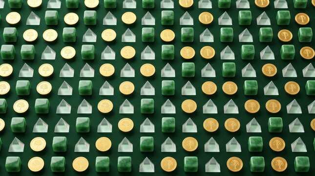 geometric grid with financial elements and green blocks