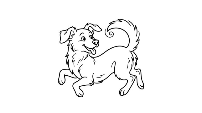 Happy Dog Character Mid-Jump with Ball in Minimalist Line Art Illustration