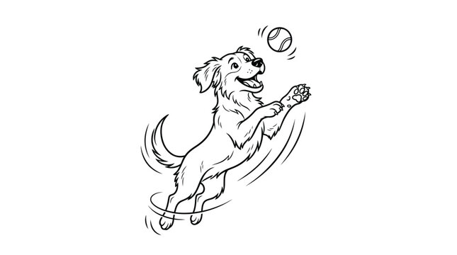 Happy Dog Character Mid-Jump with Ball in Minimalist Line Art Illustration