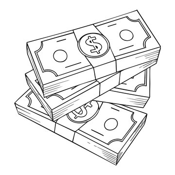 Hand drawn stack of US dollar banknotes, money bundle sketch illustration.