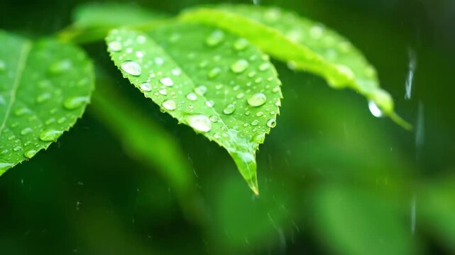 Lush green leaves with water drops in rain, fresh tropical foliage during monsoon season, vibrant nature background for environment and wellness.