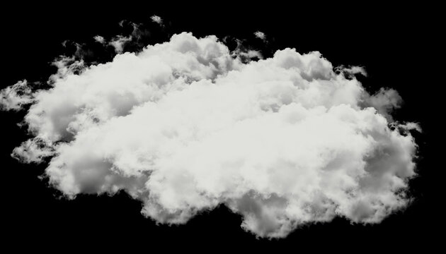 A single fluffy white cumulus cloud isolated on a black background, realistic detailed cloud formation for digital compositing and sky design elements