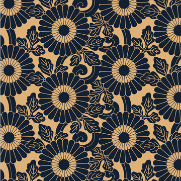 Traditional Japanese chrysanthemum pattern textile design for interior decoration and fabric prints