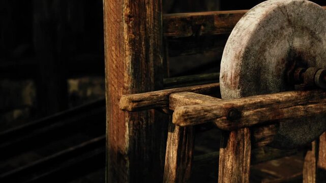 A rustic grinding stone rests on a sturdy wooden frame, showcasing the craftsmanship of an old workshop. The warm wood contrasts with the cool, textured stone in a serene setting.