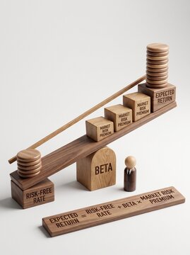 Capital Asset Pricing Model concept represented by a wooden balance scale with risk and return blocks on a white background