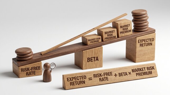 Capital Asset Pricing Model concept represented by wooden blocks forming a risk and return balance scale on a white background