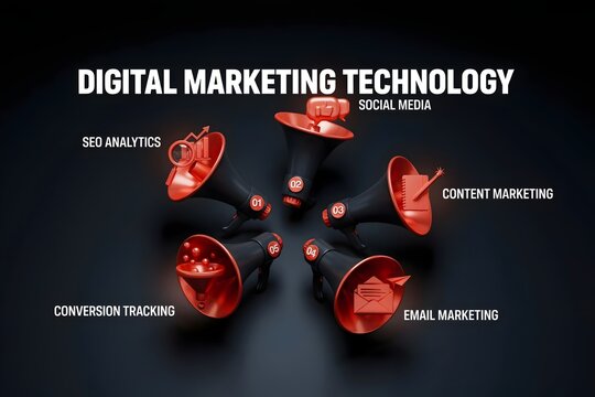 Digital marketing technology concept with red megaphones on dark background