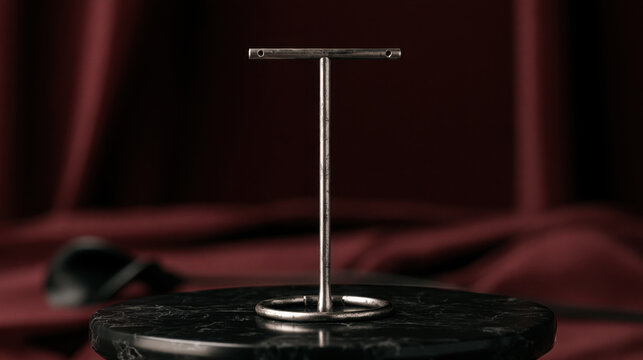 Vintage metal earring display stand on black marble against dark burgundy velvet with dramatic lighting and elegant gothic luxury aesthetic