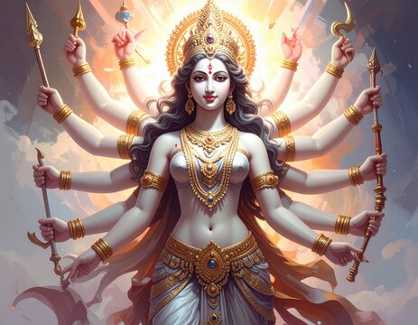 Hindu goddess Durga with multiple arms holding weapons against a radiant divine background in a dramatic style
