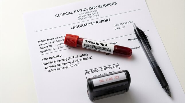 Laboratory report document with clinical pathology services header, blood sample tube labeled for syphilis testing, and a black ink pen on a white background