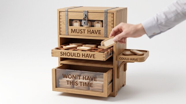 Hand placing a wooden block into a sorting cabinet labeled with Must Have, Should Have, Could Have, and Won't Have, illustrating the MoSCoW method prioritization concept