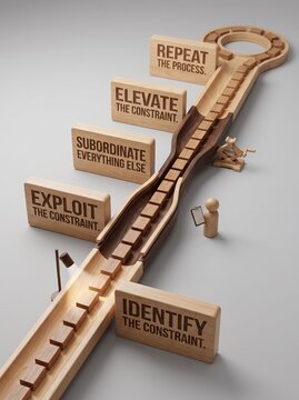 Wooden model illustrating the Theory of Constraints five focusing steps concept with a bottleneck track and process blocks